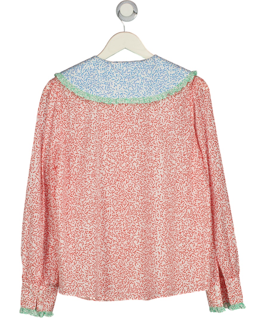 RIXO Squiggle Red Mix Long Sleeved Blouse With Frill Collar UK 10