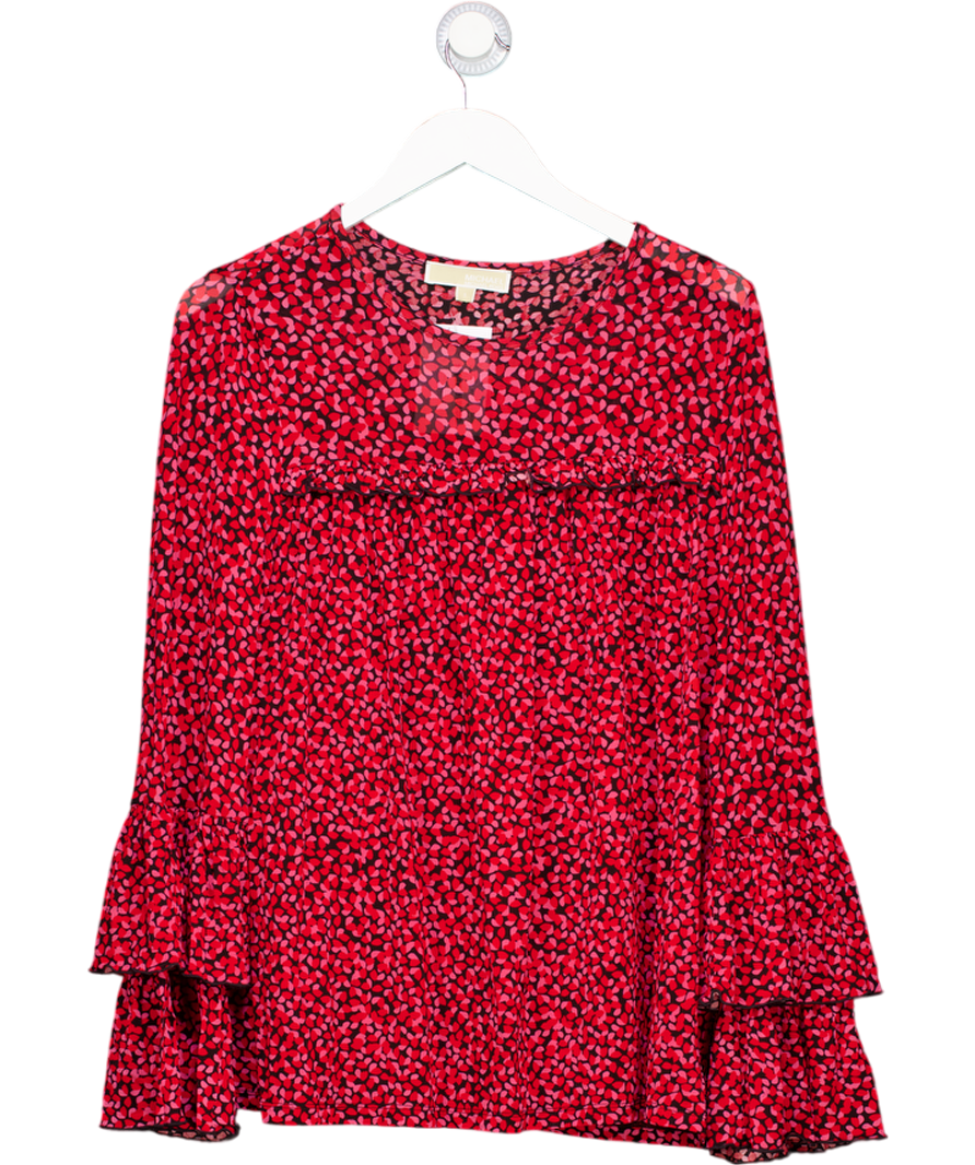 MICHAEL Michael Kors Red / Pink  /black Heart Print Frill Sleeve Jersey Top UK S