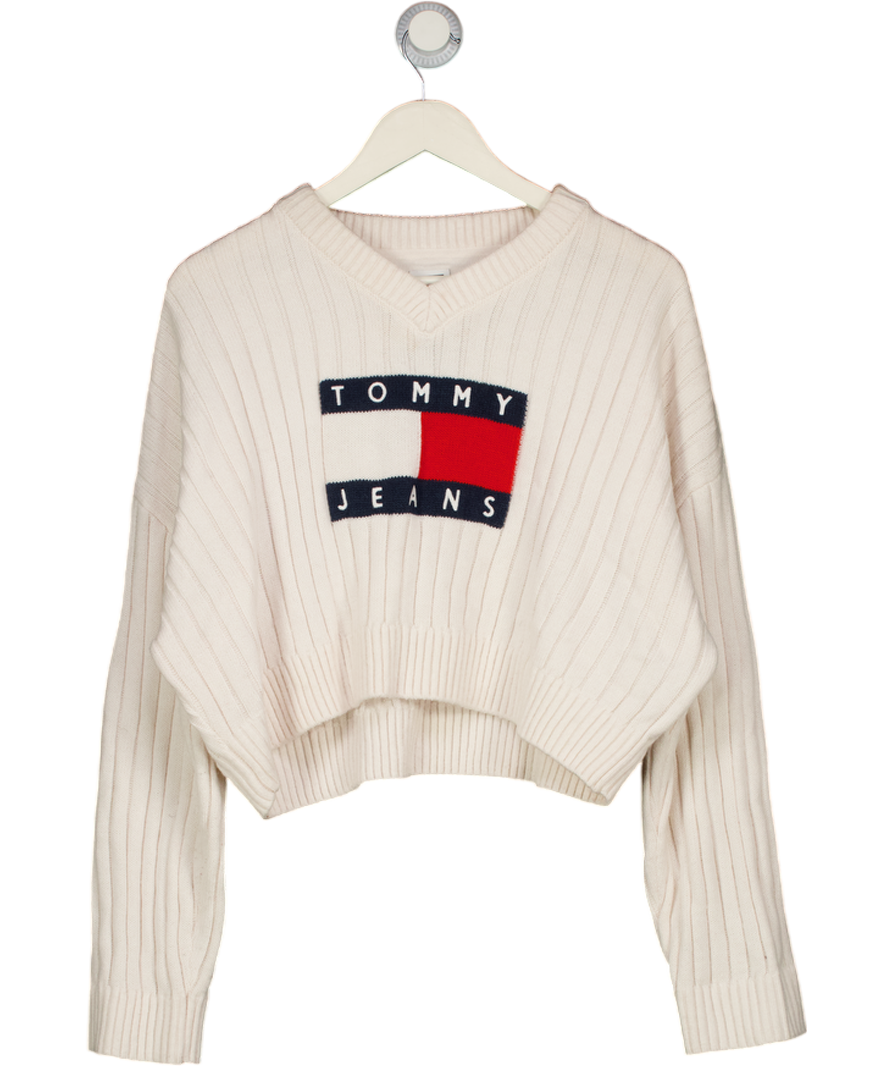 TOMMY HILFIGER Cream Flag Logo Crop V-neck Boxy Fit Jumper UK XXL