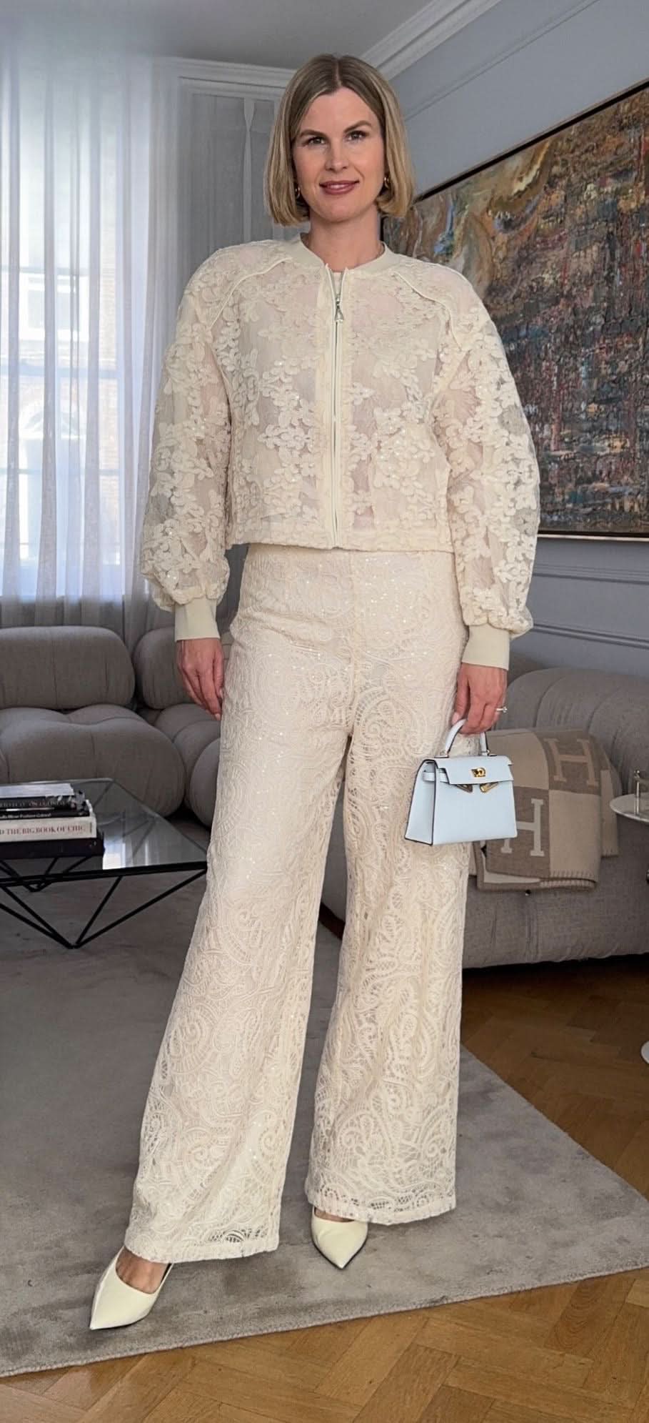 Rich Radi Q Cream Lace And Sequin Bomber Jacket And Trousers Set UK M