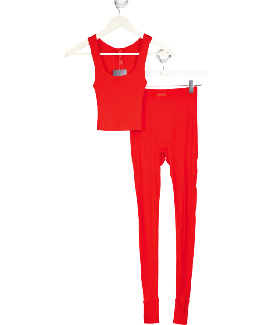 SKIMS Red 2-piece Ribbed Cotton Thermal Leggings And Vest Set UK XXS