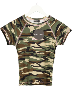 White Fox Green Face Card Baby Tee Camo Print UK S