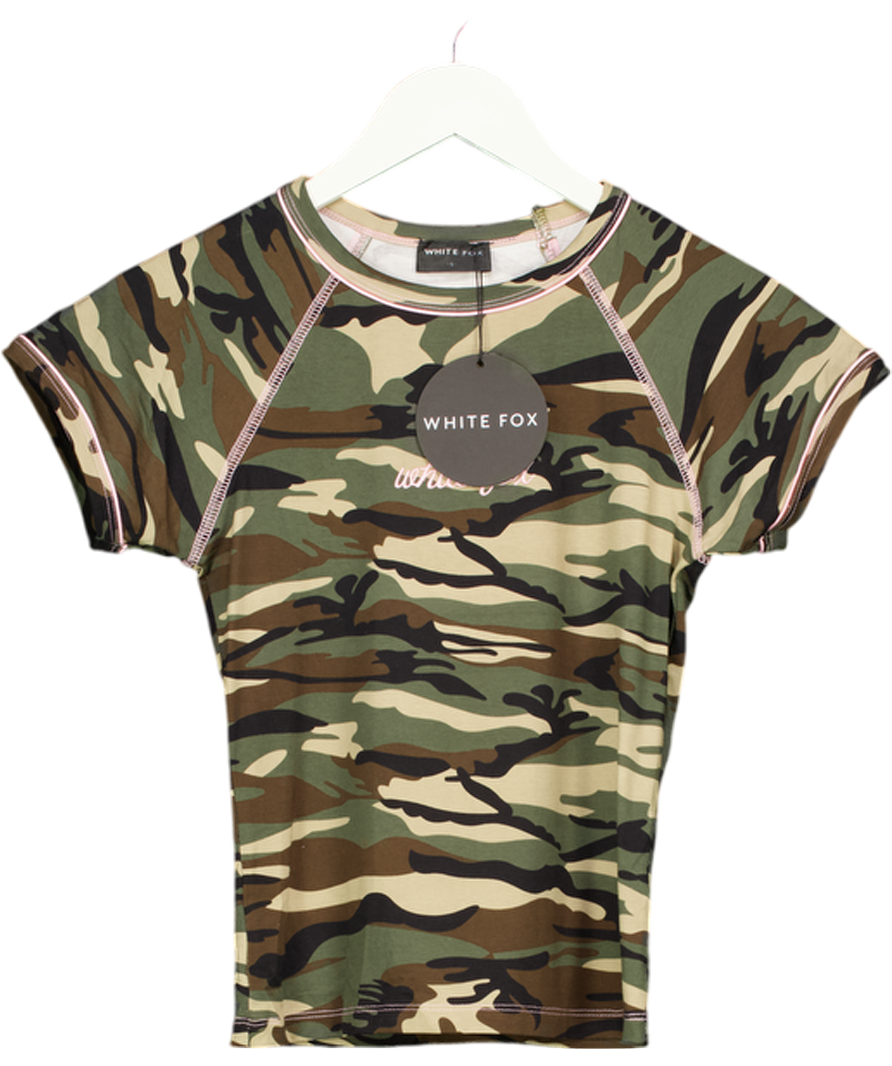 White Fox Green Face Card Baby Tee Camo Print UK S