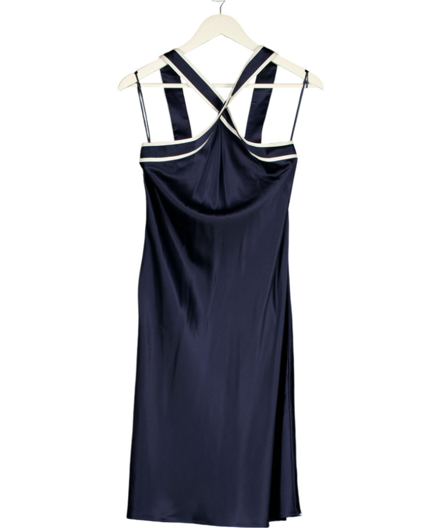 LILYSILK Blue Navy Bue / Ivory Glossy Camellia Silk Halter-neck Dress UK 8