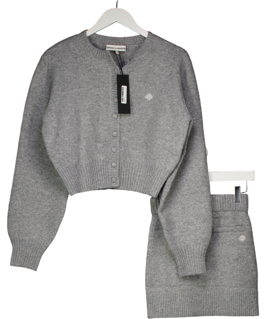 The Couture Club Grey Emblem Embroidered Knit Crop Cardigan (s) And Skirt (xs) Set UK S