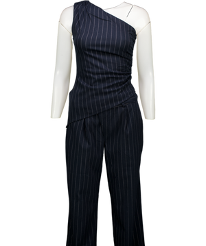 PRETTY LAVISH Blue 2-piece Navyblue Lorna Pinstripe One Shoulder Top And Flynn Slouchy Pinstripe Trouser Set UK 8