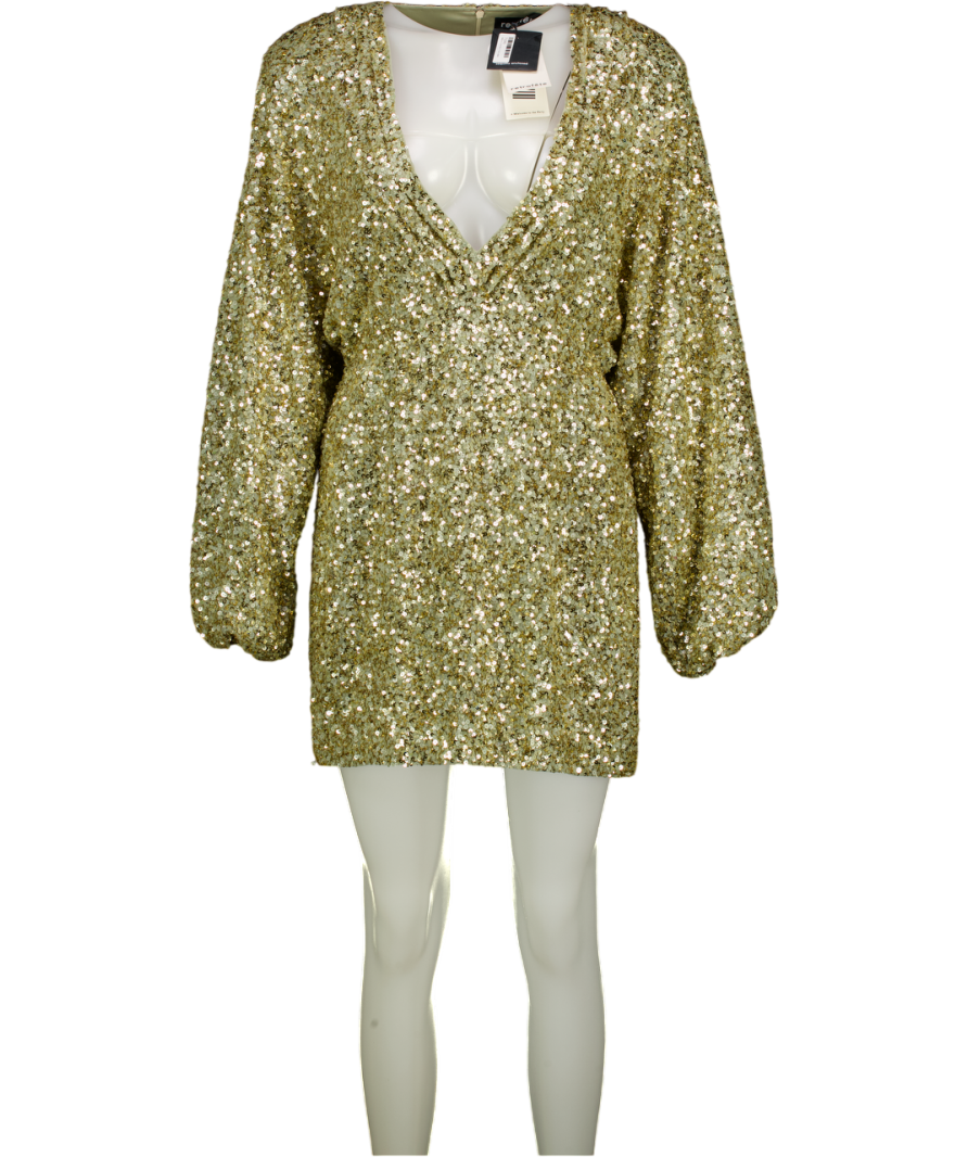gold retrofete dress RETROFETE Metallic Gold Gathered Sequined Crepe Mini Dress UK L – Reliked