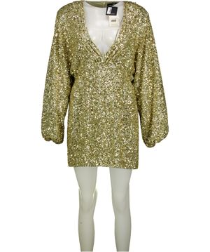 RETROFETE Metallic Gold Gathered Sequined Crepe Mini Dress UK L