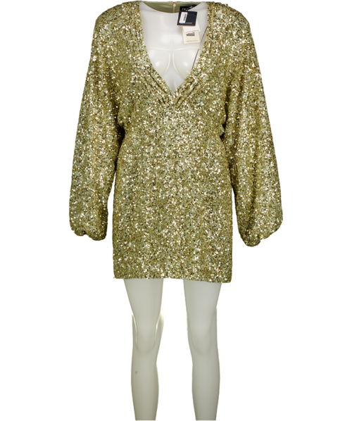 RETROFETE Metallic Gold Gathered Sequined Crepe Mini Dress UK L