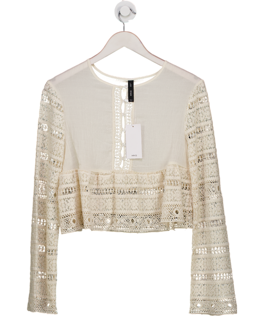 MANGO Cream Embroidered Cotton Blouse With Openwork Details UK S