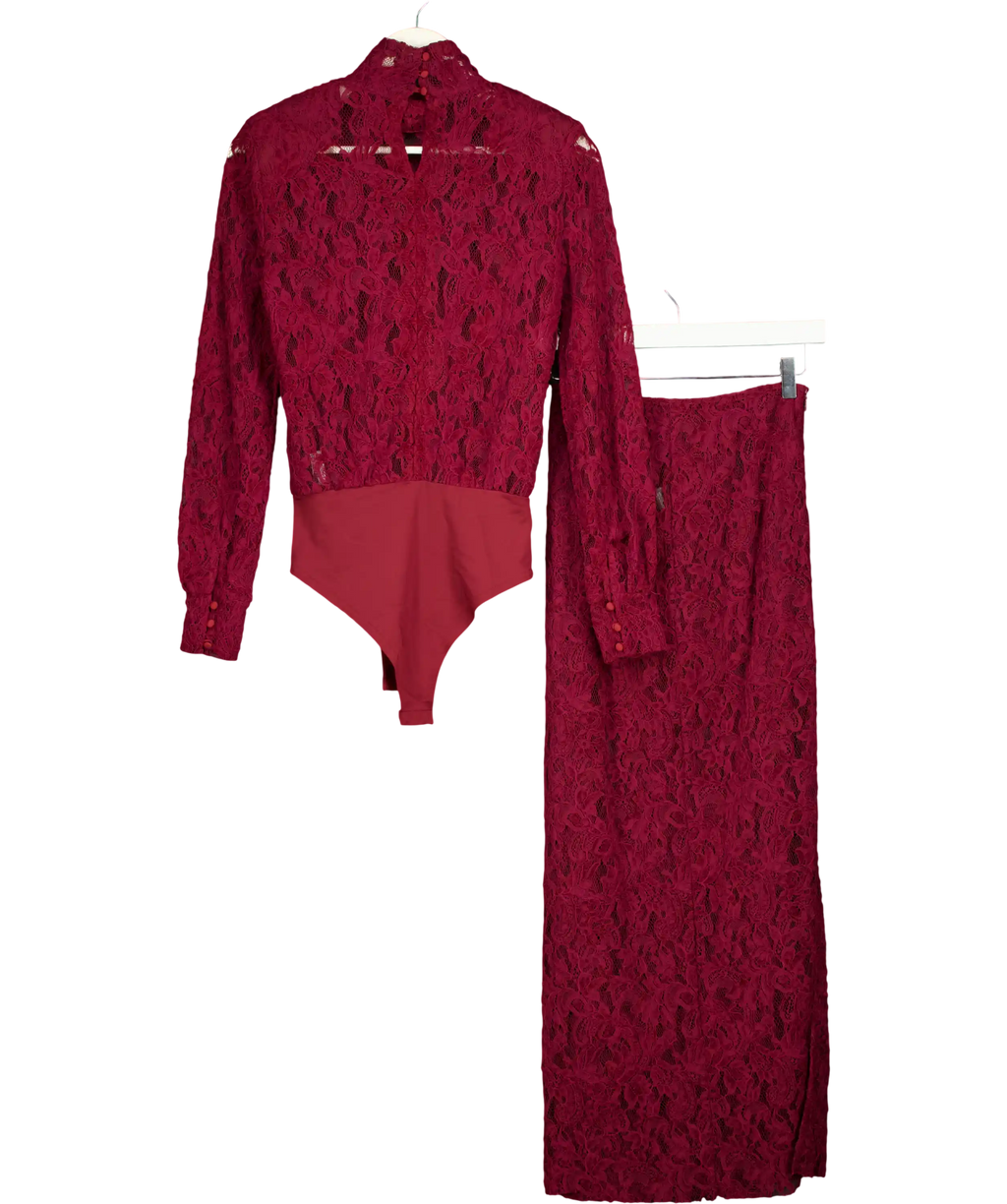 DE SAVARY LONDON 2-piece Burgundy Red Lace Bodysuit And Maxi Skirt Set UK XS/S