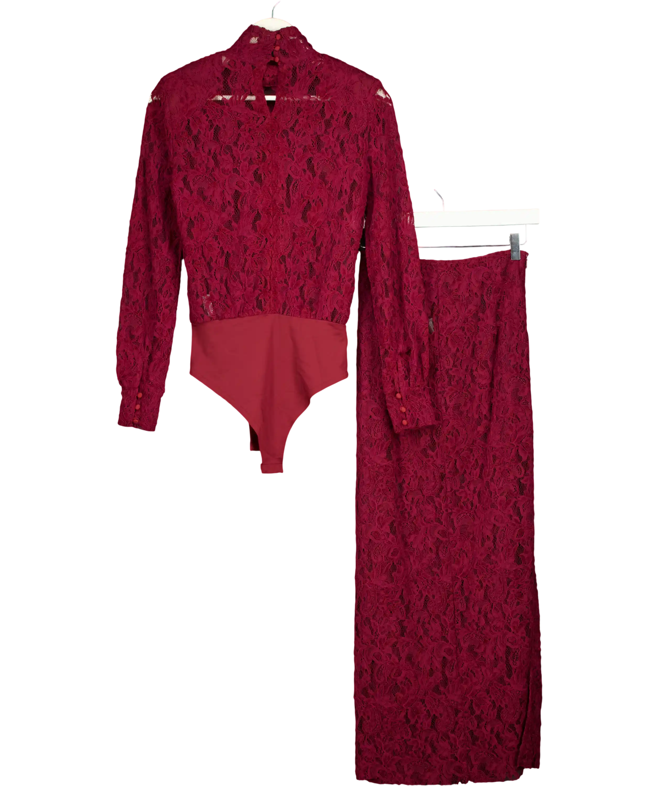 DE SAVARY LONDON 2-piece Burgundy Red Lace Bodysuit And Maxi Skirt Set UK XS/S