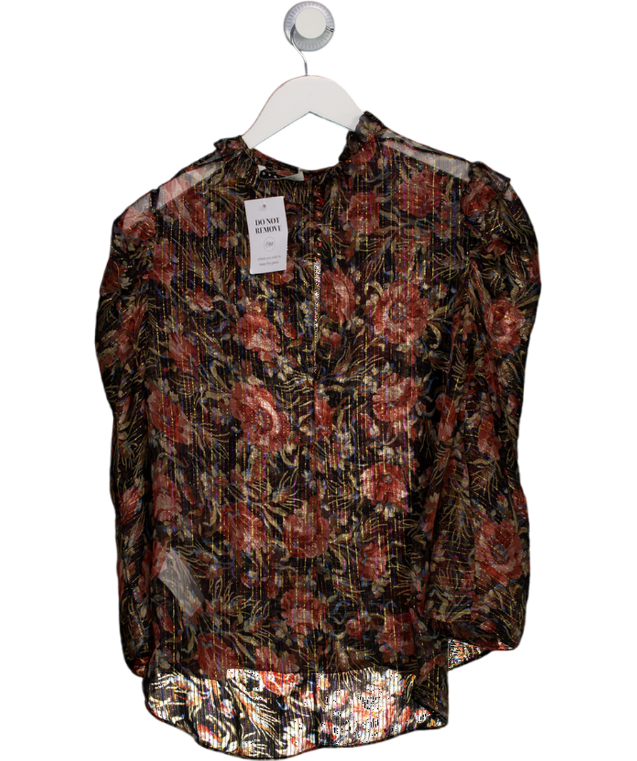SANDRO Multicoloured Sheer Silk Chiffon Floral  Puff Sleeve Blouse With Metallic Thread UK 12