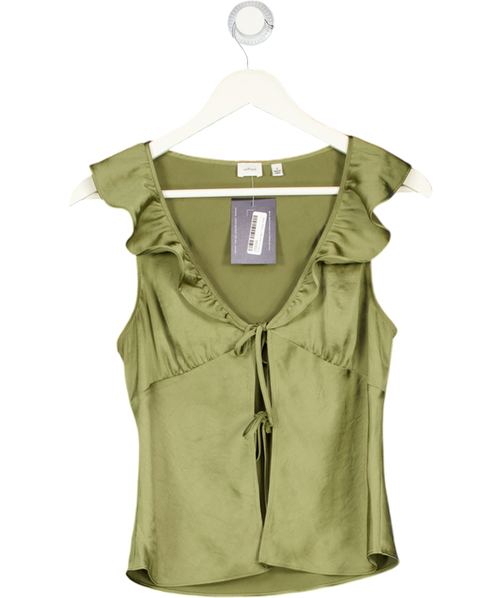Aritzia Green Tonka Satin Sleeveless V-neck Ruffled Blouse UK S