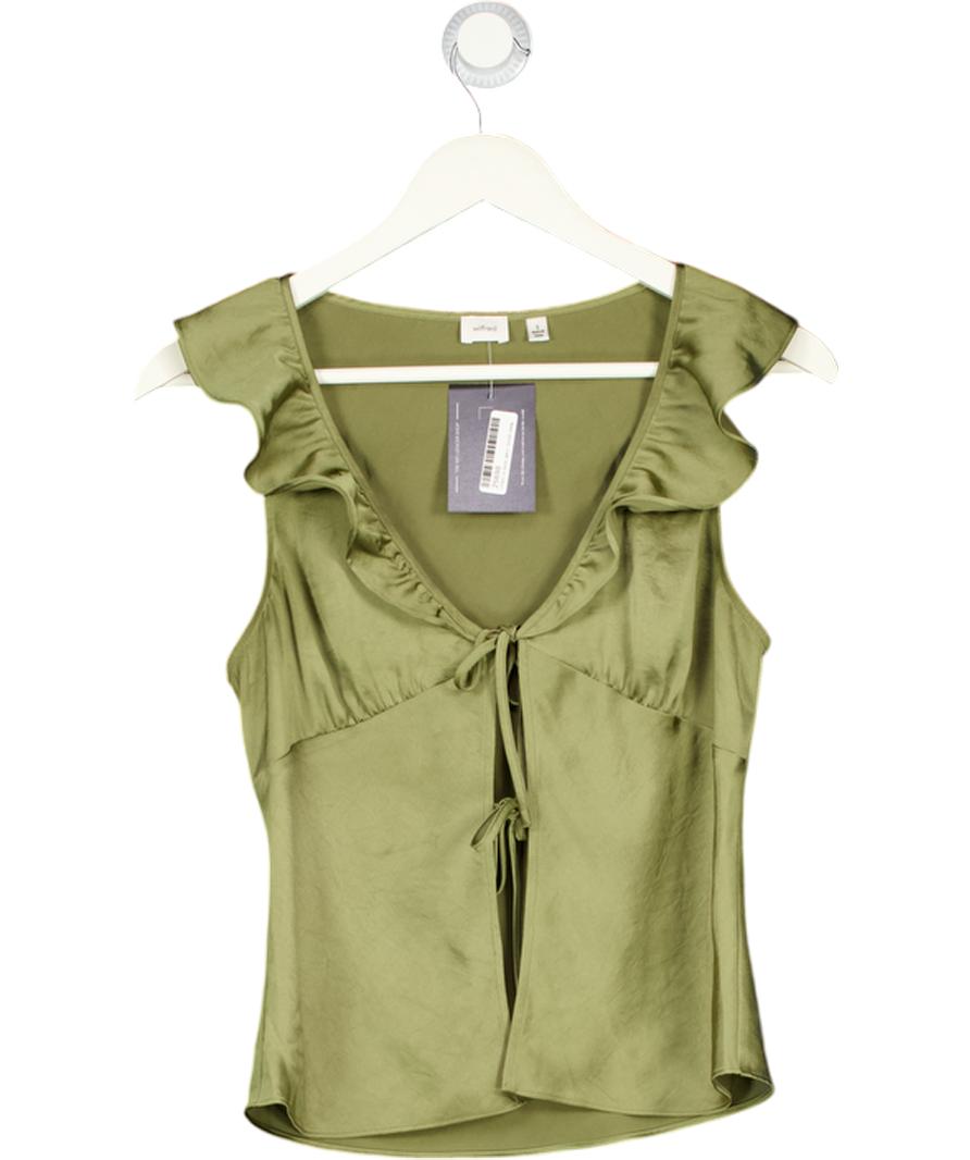 Aritzia Green Tonka Satin Sleeveless V-neck Ruffled Blouse UK S