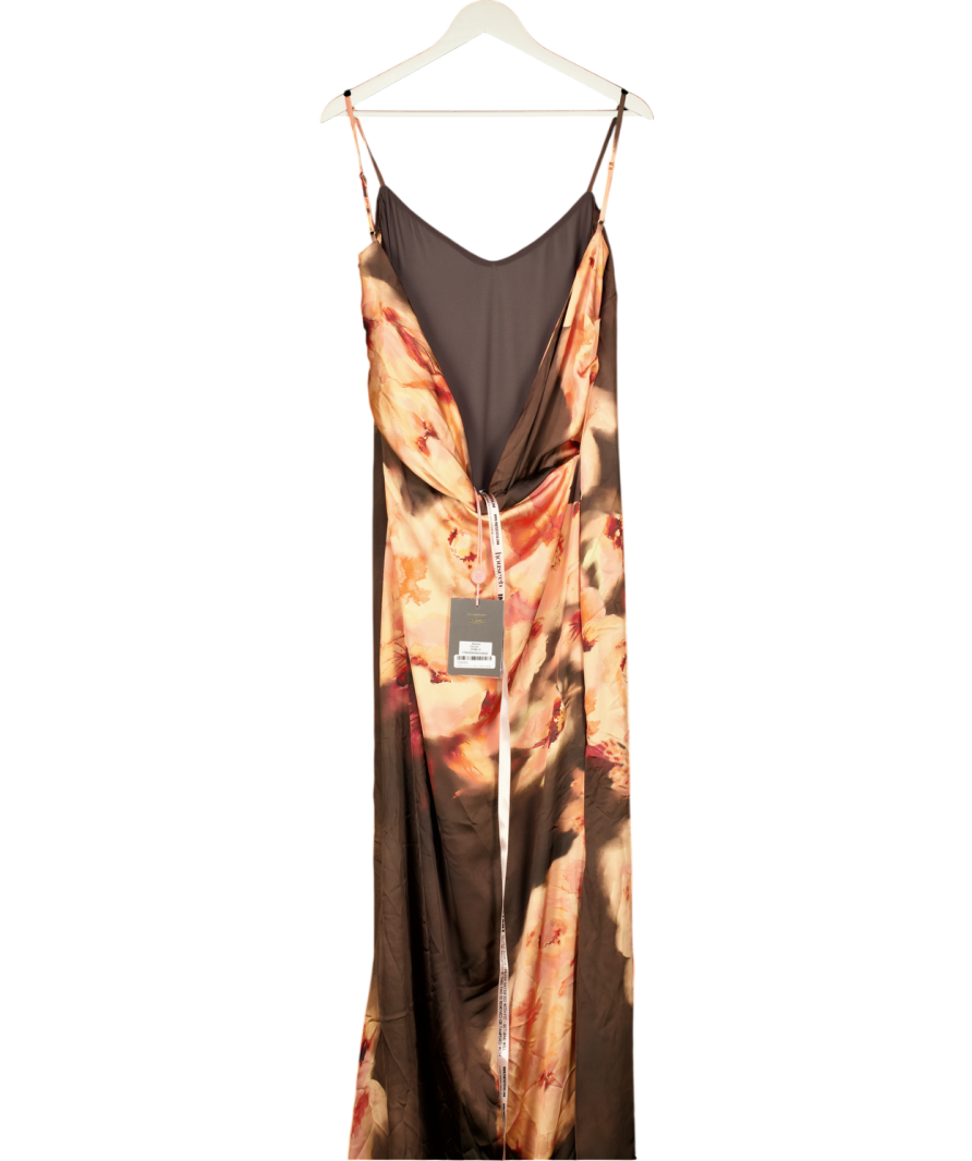 House of CB Mariamma Dark Brown Floral Printed Satin Maxi Dress UK M