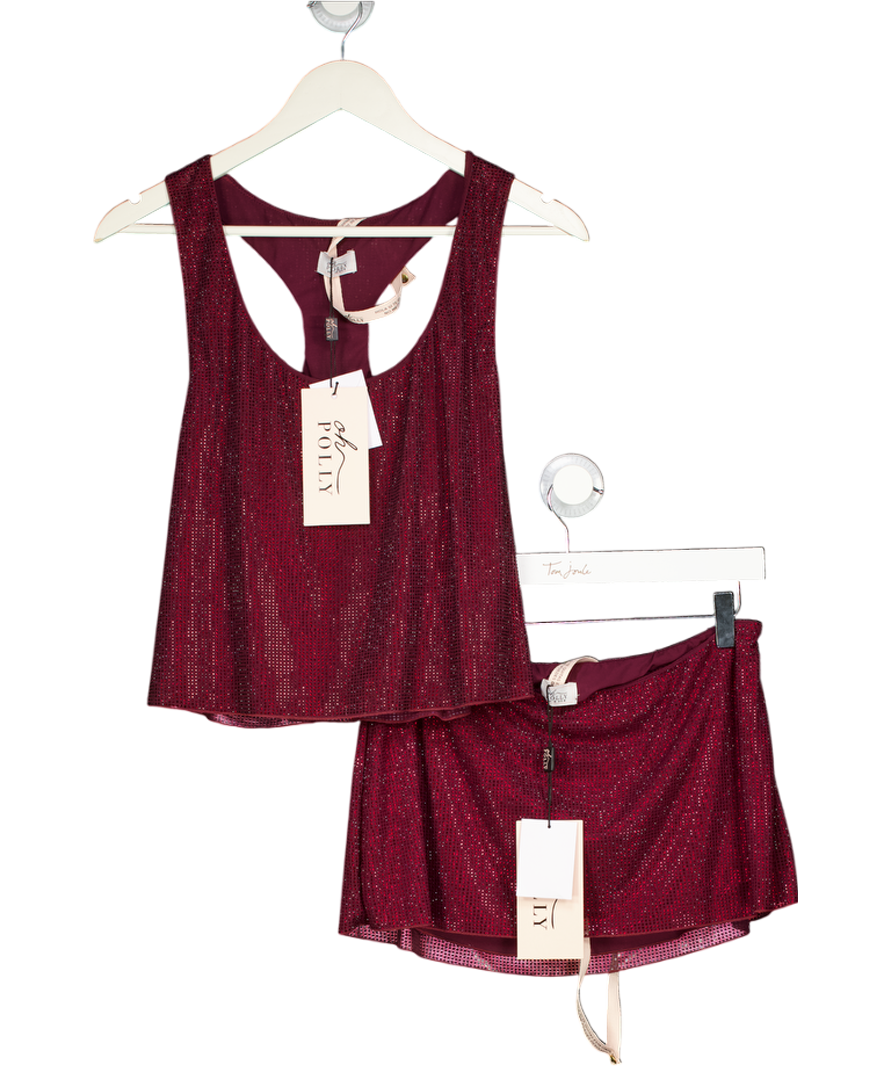 Oh Polly Red 2-piece Embellished Jersey Scoop-neck Racerback Top (uk 12) And Skirt (uk 8) UK S/M