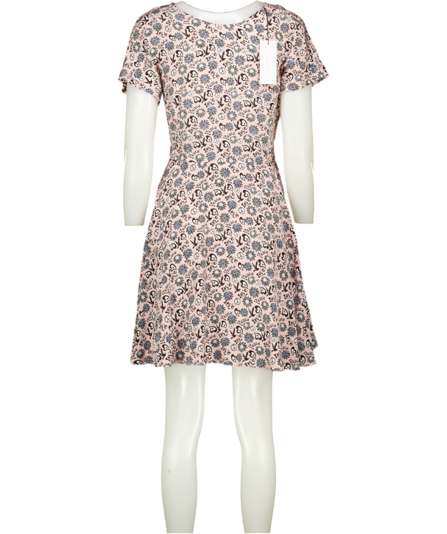 Sandro Pink 100% Silk  Rusy Rose Love & Peace Print Bow Back Dress Sz2 UK 10