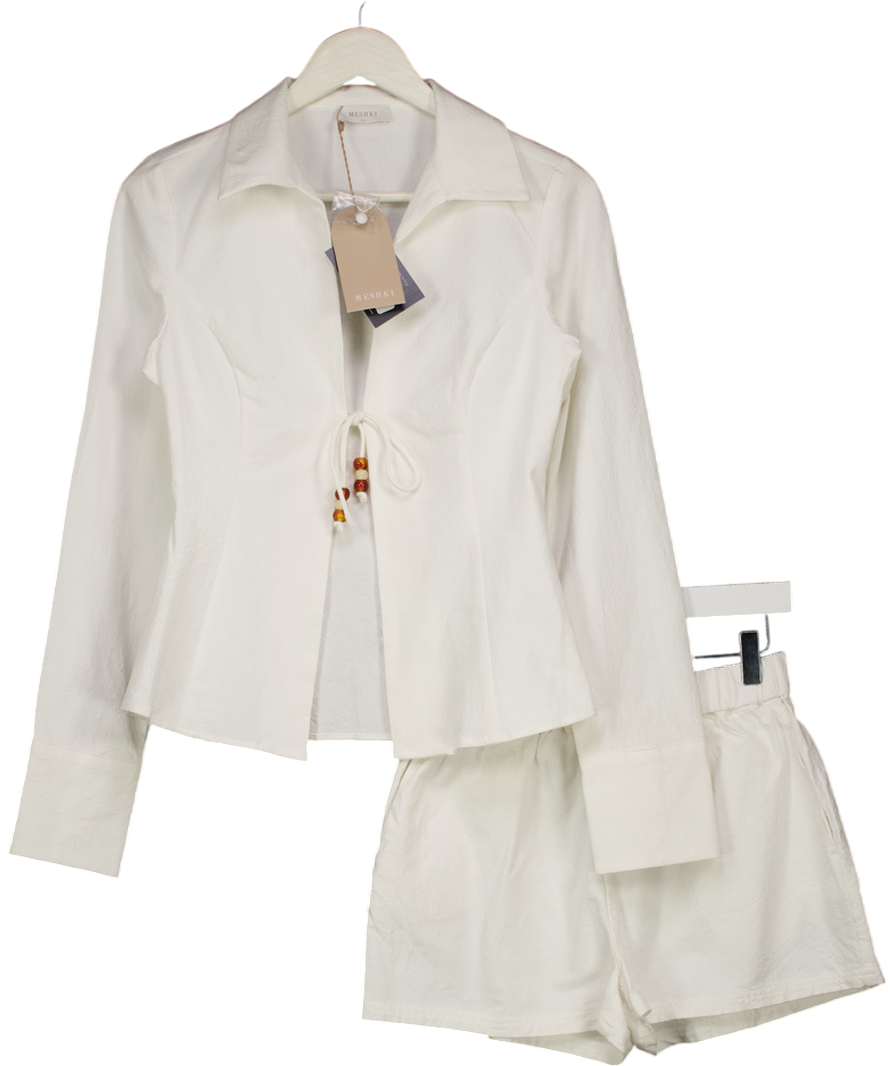 MESHKI 2-piece Annalee Cotton Beaded Tie Shirt & Shorts Set - White UK XS