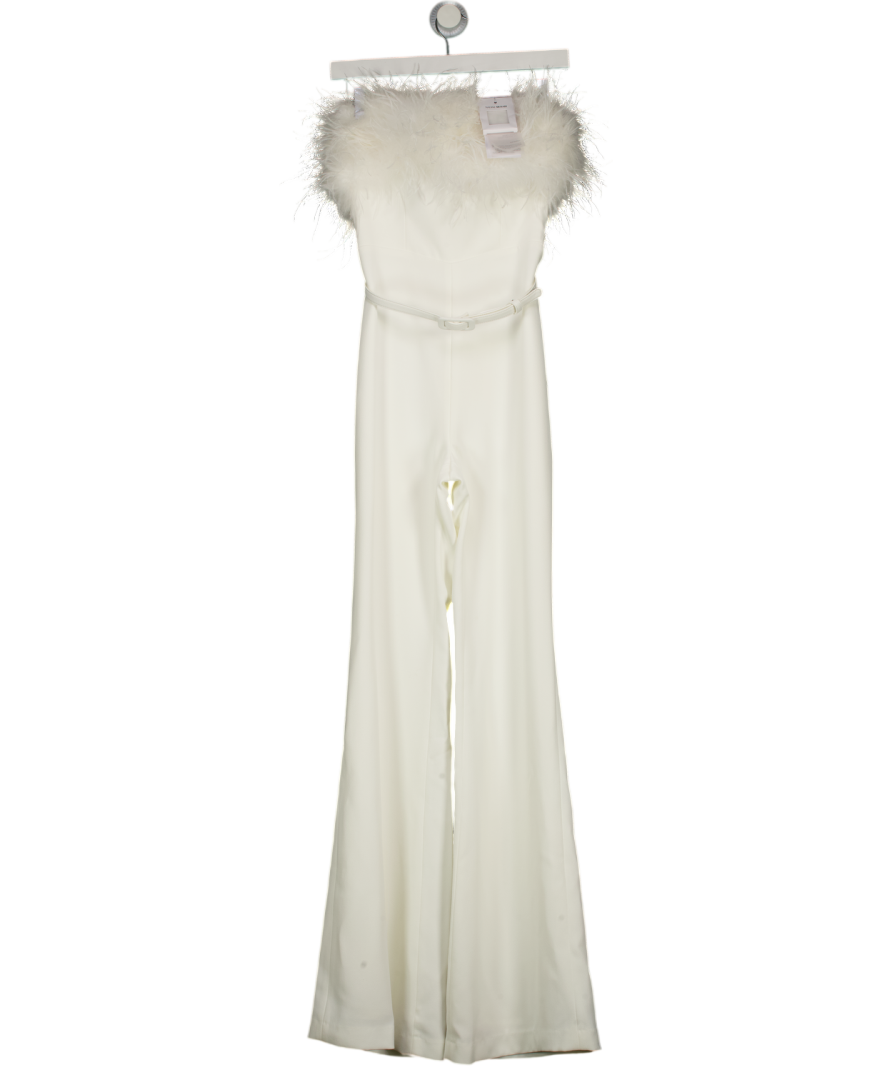 NADINE MERABI White Feather Trim Colette Bandeau Jumpsuit UK XS
