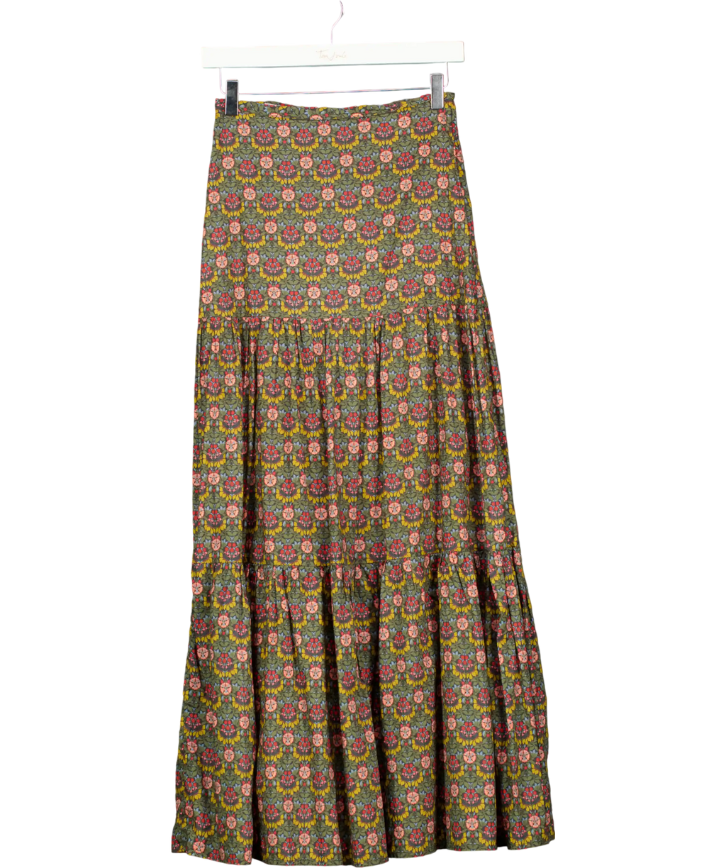 RIDLEY LONDON Olive Green Floral Tiered Cotton Midi Skirt UK 6