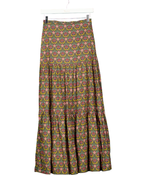 RIDLEY LONDON Olive Green Floral Tiered Cotton Midi Skirt UK 6