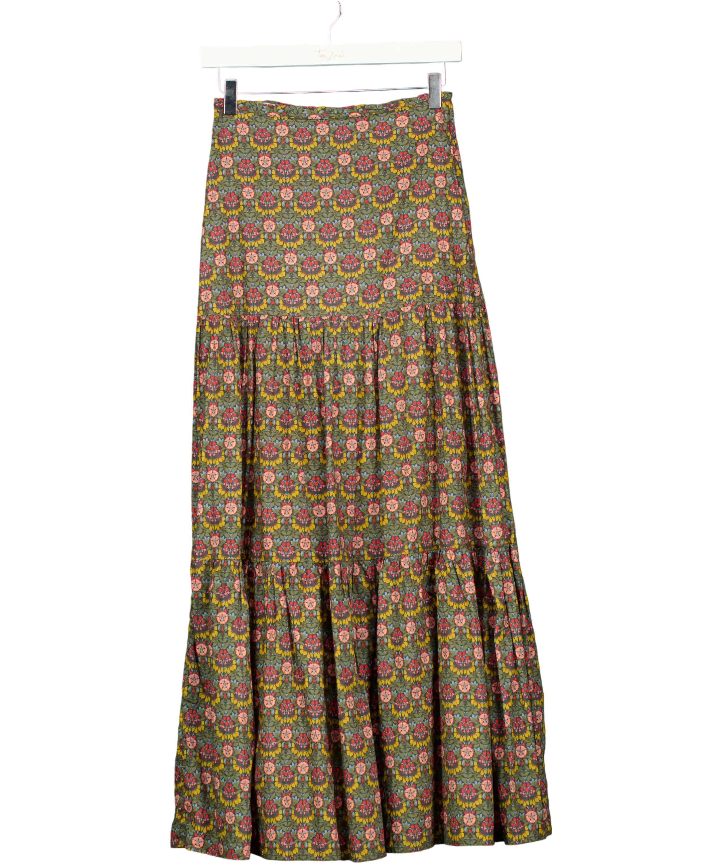 RIDLEY LONDON Olive Green Floral Tiered Cotton Midi Skirt UK 6