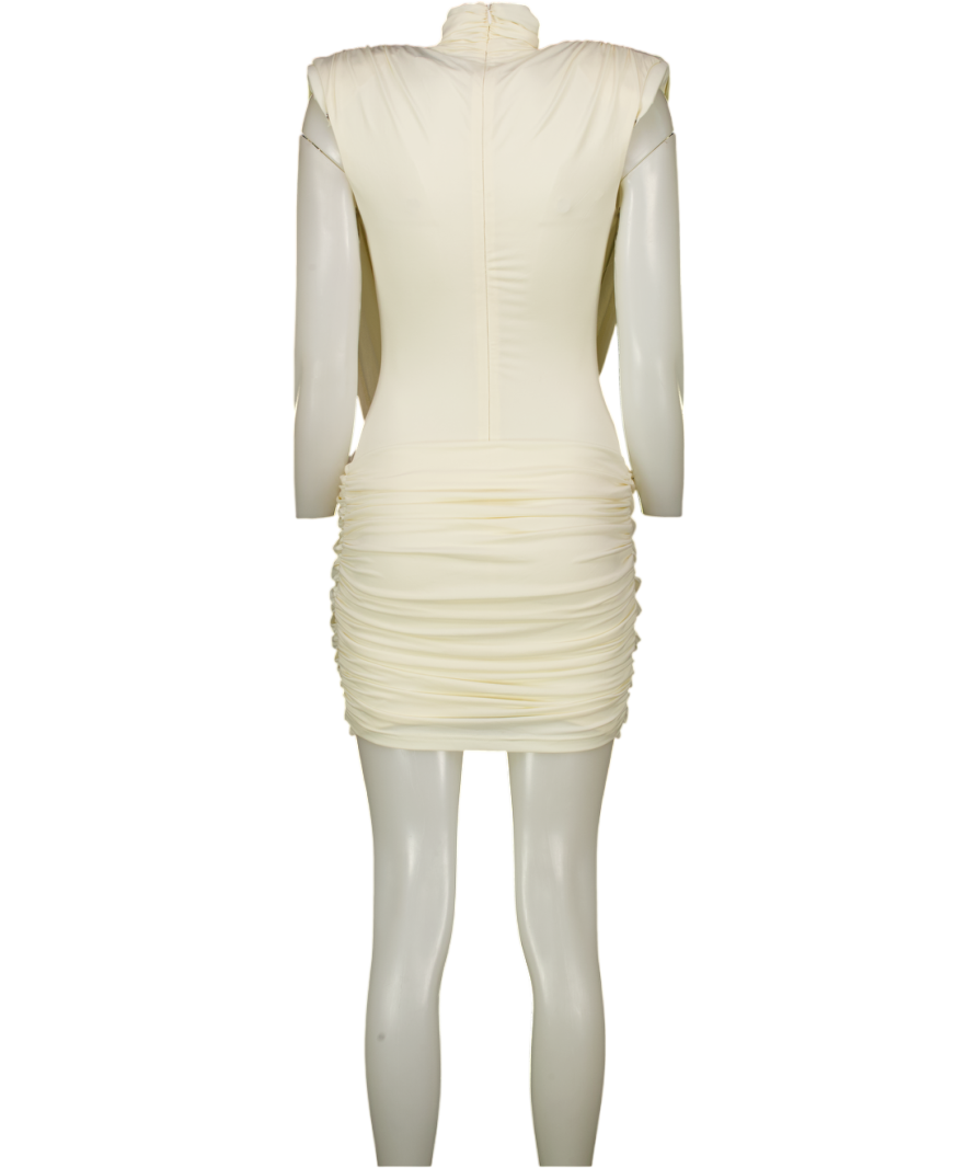 RUCHED & READY Sculpting High Neck Padded Shoulder Detail Extreme Drape Front Mini Dress In Cream UK XS
