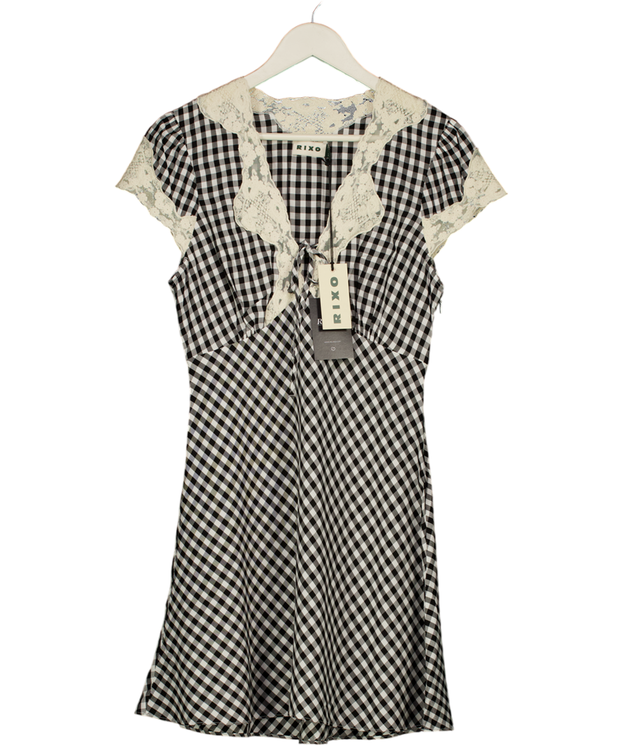 RIXO Black / Ivory Lacie Lace-trimmed Checked Crêpe Minidress UK 10