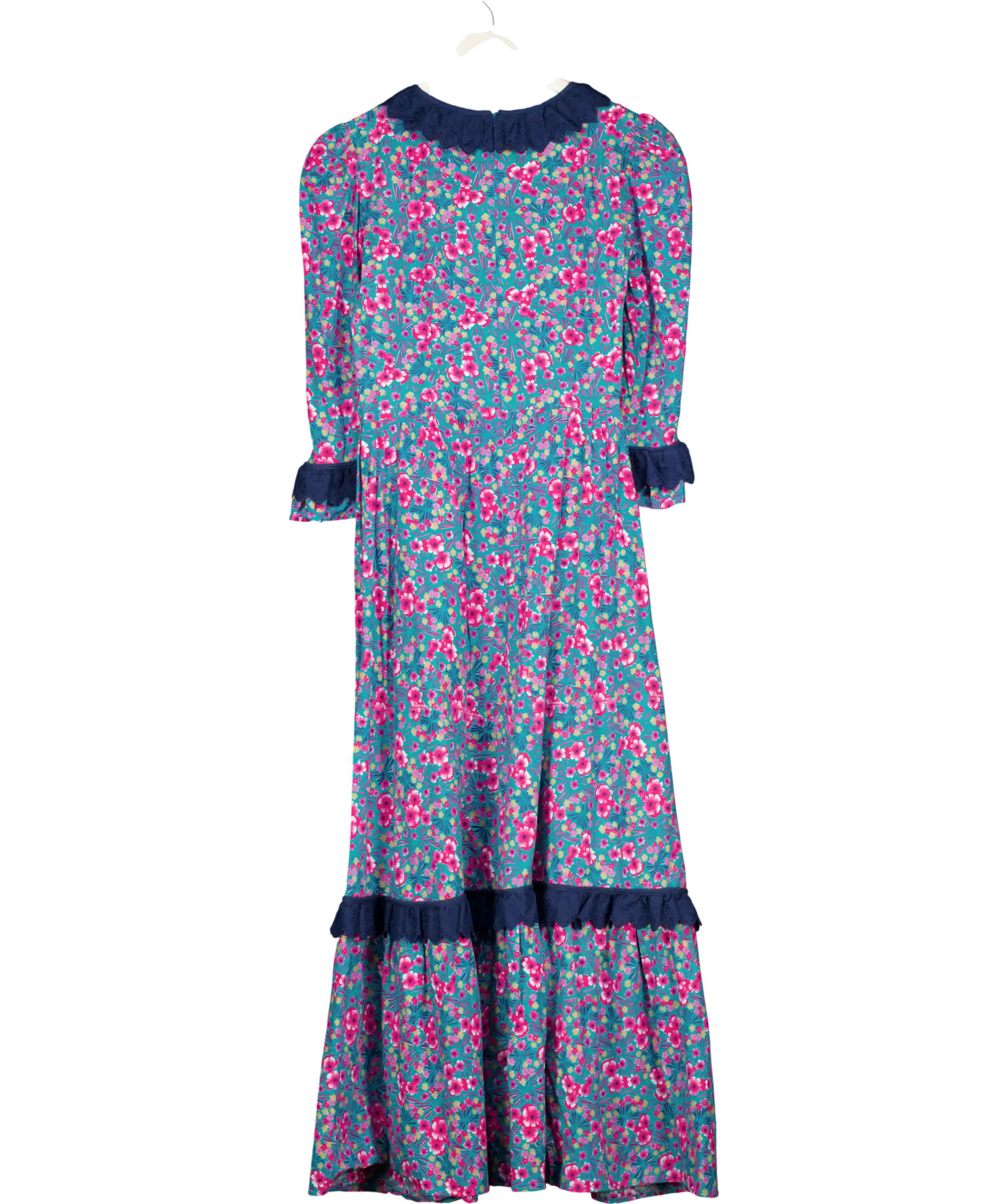 THE WELL WORN Blue / Pink Floral Maxi Dress With Lace Trim UK M