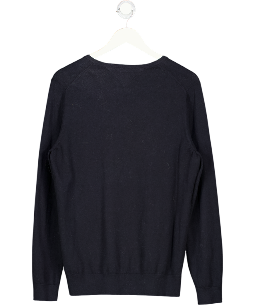 Tommy Hilfiger Navy Blue Fine Cotton Knit Flag Embroidered V-neck Jumper UK XL
