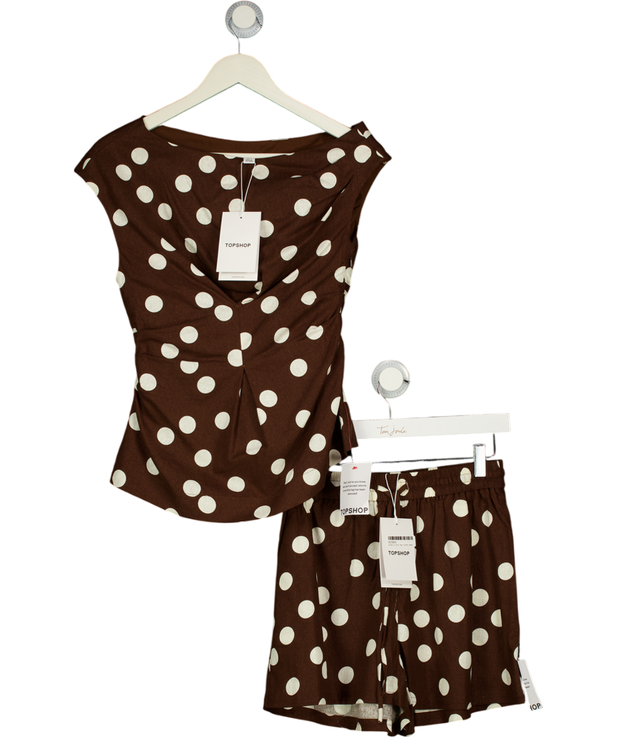 TOPSHOP 2-piece Linen Cinched Waist Top (uk 6)  & Shorts (uk 8) Set In Chocolate Brown Spot UK XS/S