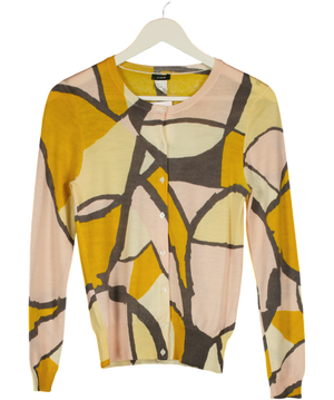 J CREW Yellow Print 100% Merino Wool Fine Knit Cardigan UK M