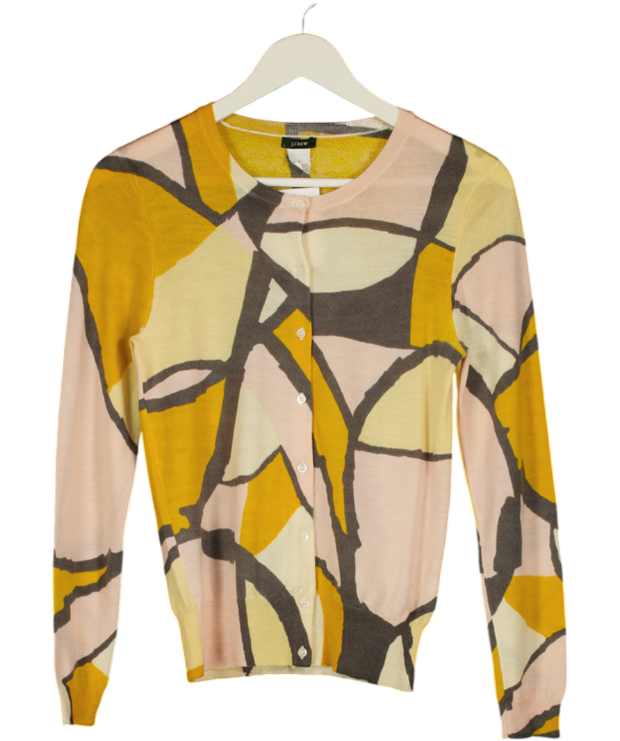 J CREW Yellow Print 100% Merino Wool Fine Knit Cardigan UK M