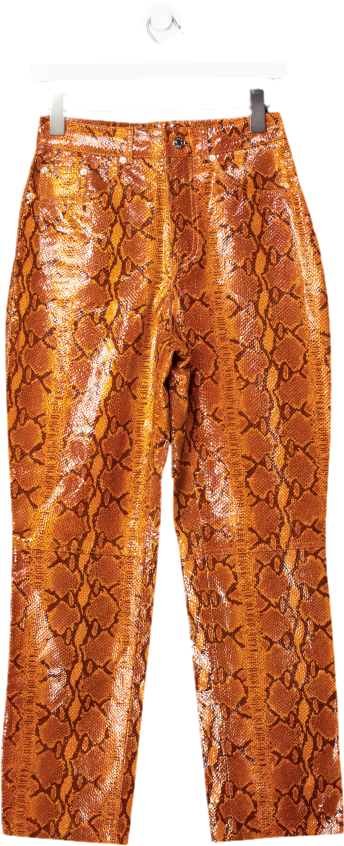 grlfrnd Orange Snakeskin Print Straight Leather Trousers UK 8