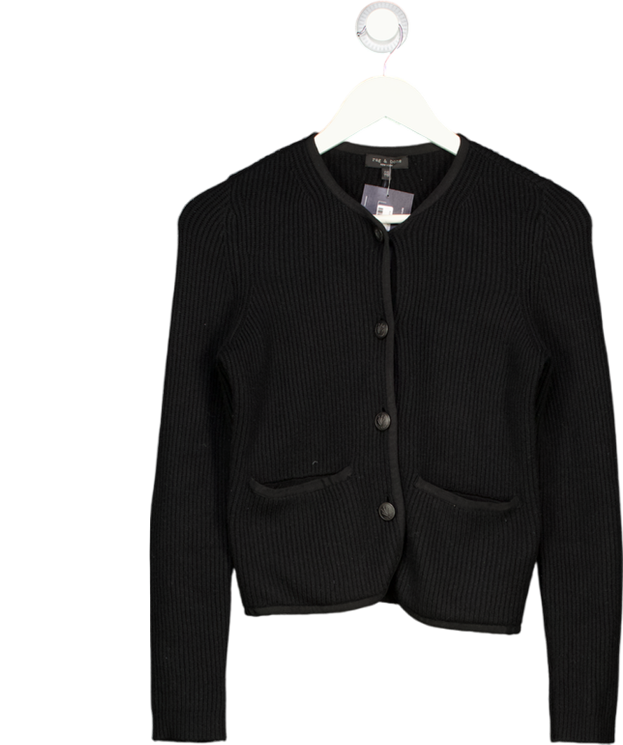 RAG & BONE Black Ribbed Knit Merino Wool Blend Cardigan Jacket UK XXS