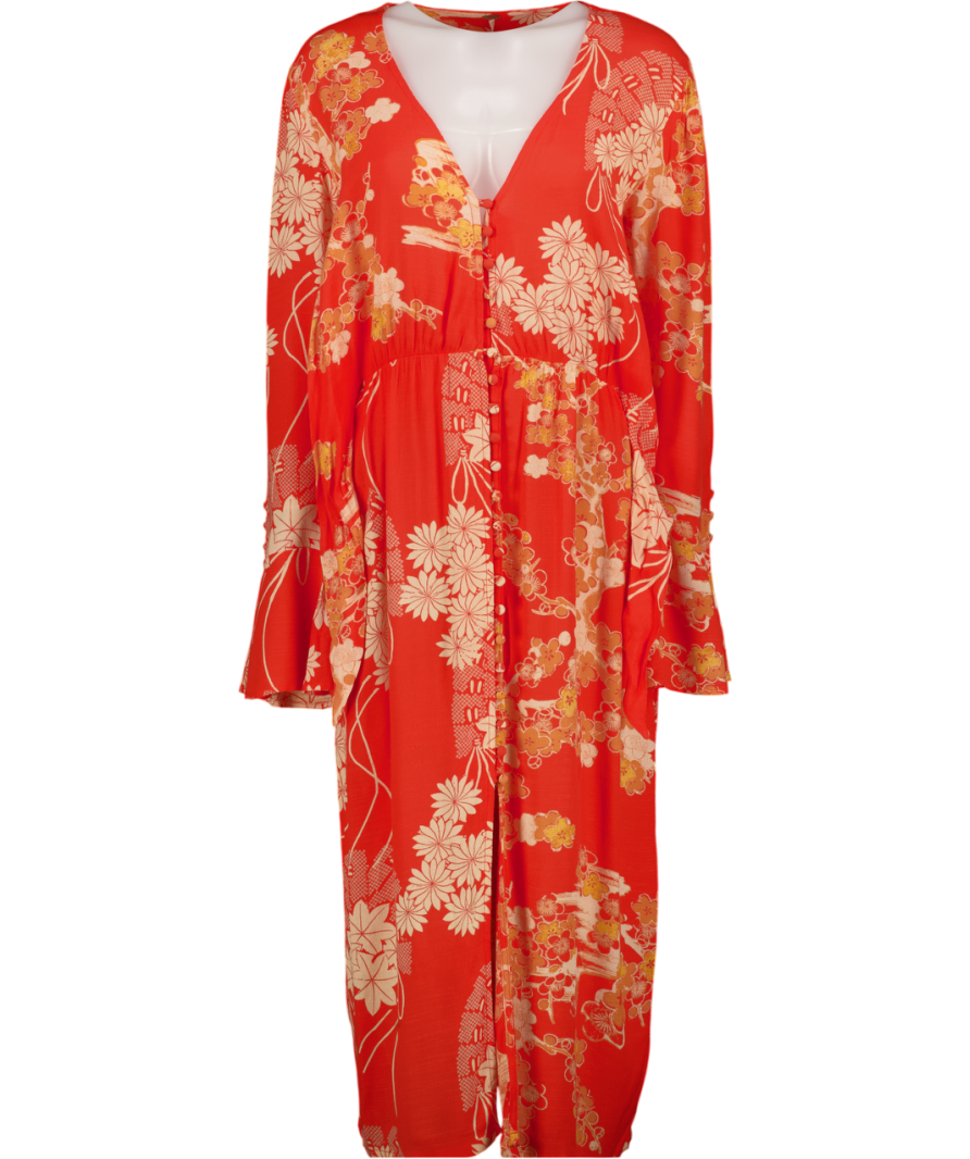 FREE PEOPLE Orange Mixed Print Twist Midi Dress UK S