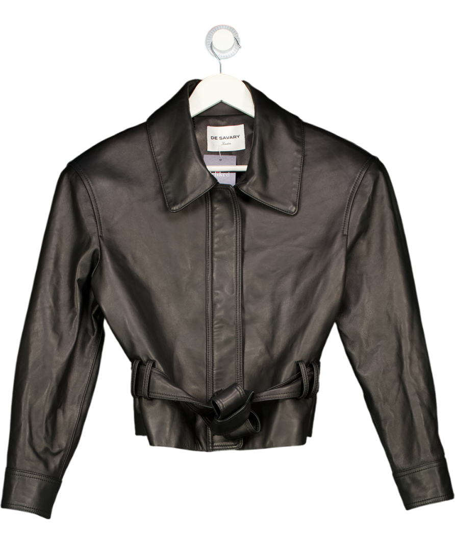 DE SAVARY LONDON Black Oversize Leather Belted Jacket UK XS