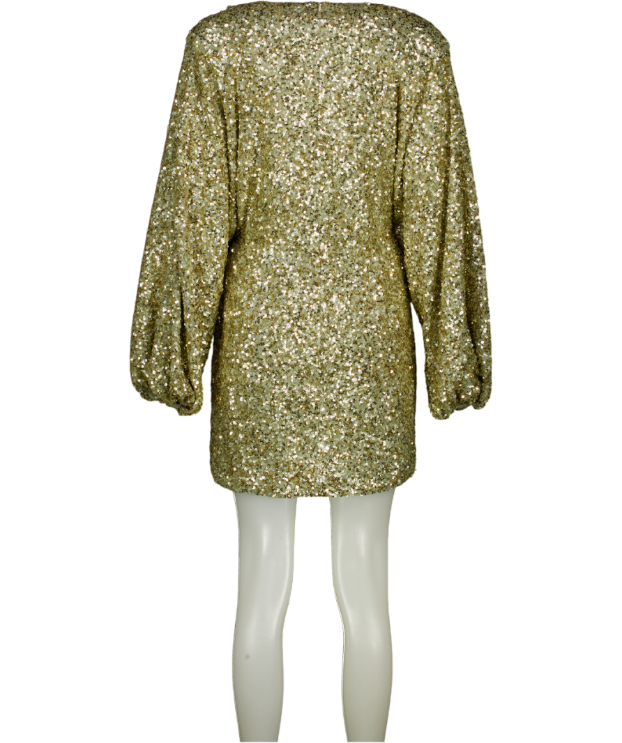 RETROFETE Metallic Gold Gathered Sequined Crepe Mini Dress UK L