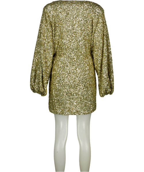 RETROFETE Metallic Gold Gathered Sequined Crepe Mini Dress UK L