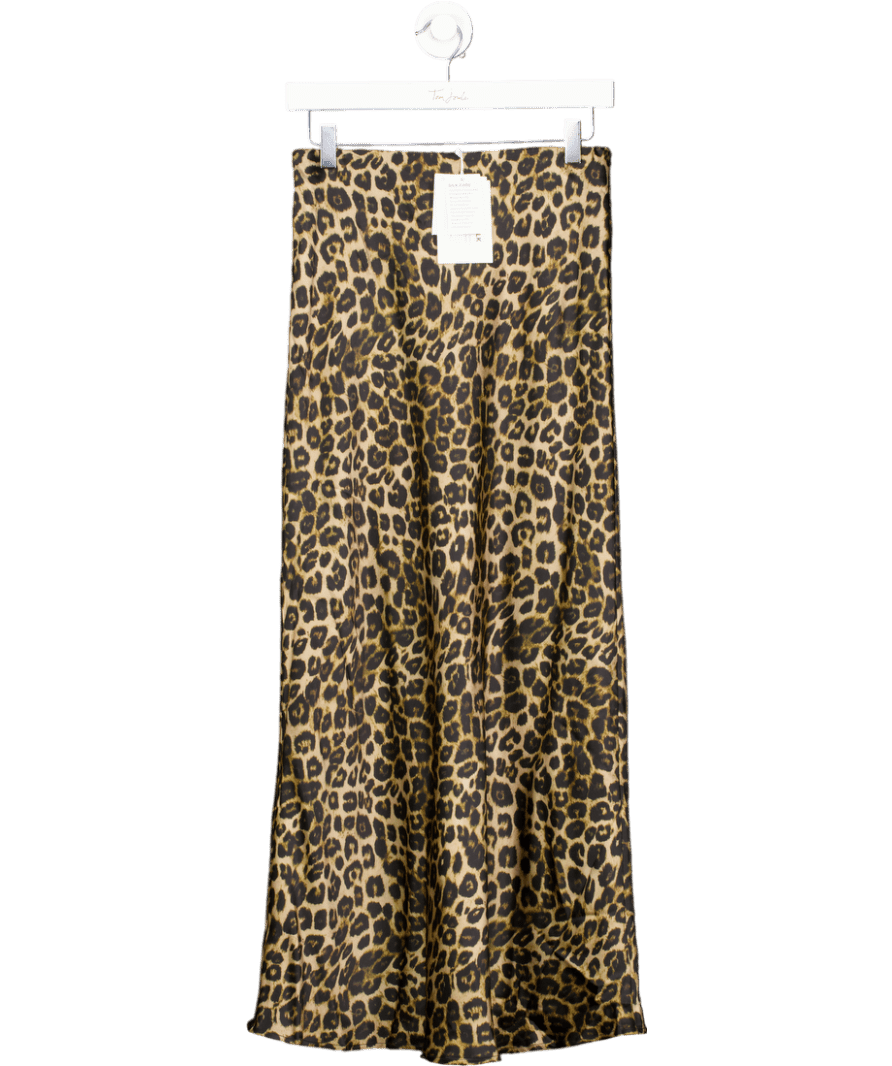 DAISY SILK Brown Classic Leopard Print Maxi Luxury Mulberry Silk Skirt UK S - Reliked