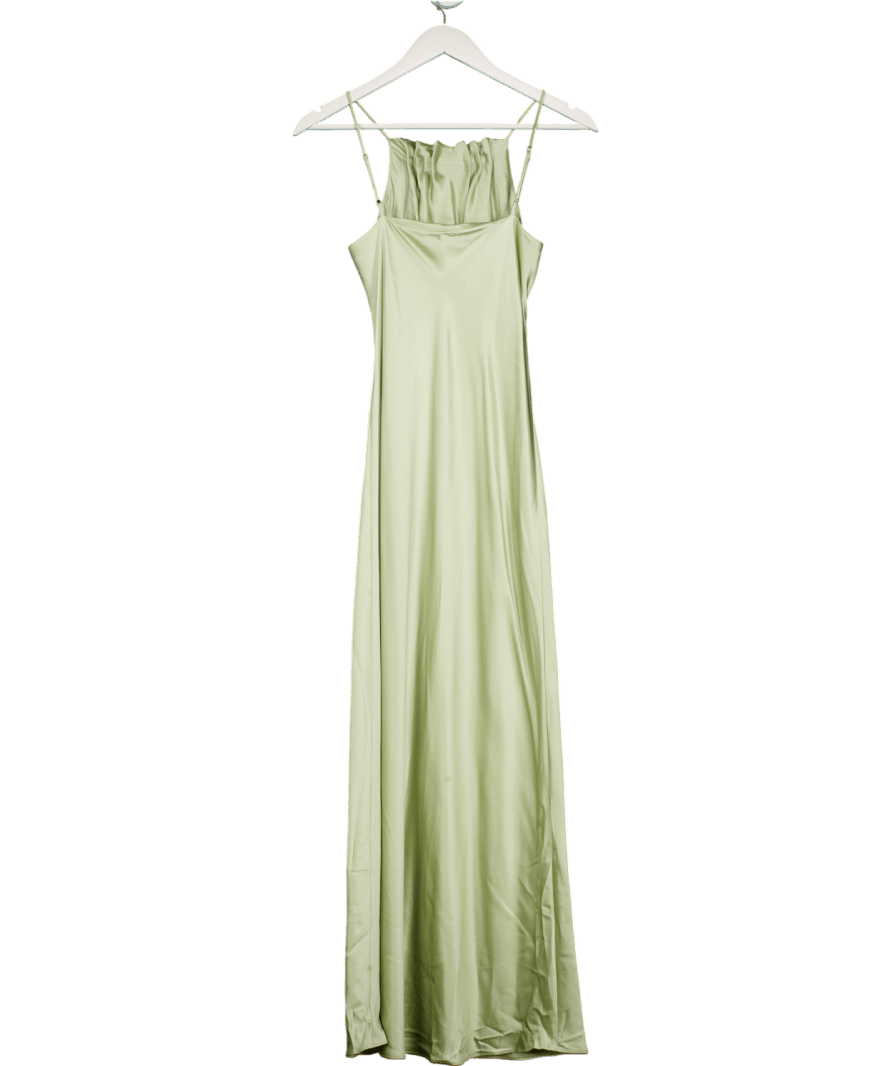 Daisy Silk Green Sage Gree Luxury Mulberry Silk Halter Neck Maxi Dress UK S - Reliked