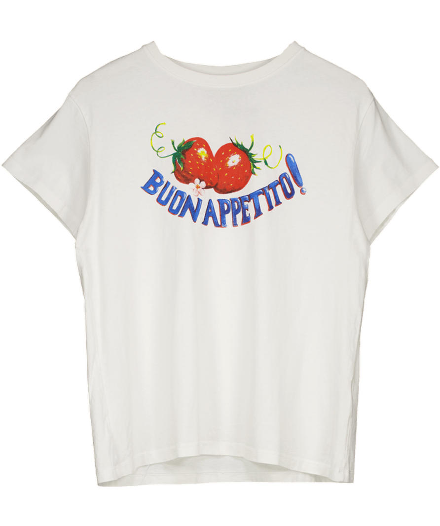 DAMSON MADDER White “Buon Appetito” Printed Cotton T-shirt UK 12 - Reliked