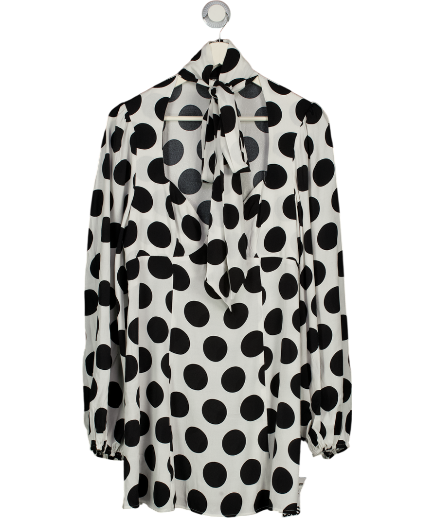 ASOS White Black Large Polka Dot Tie Neck Long Sleeve Mini Dress UK 12