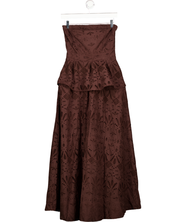 KAREN MILLEN Brown Cotton Broderie Peplum Bandeau Midi Dress UK 6