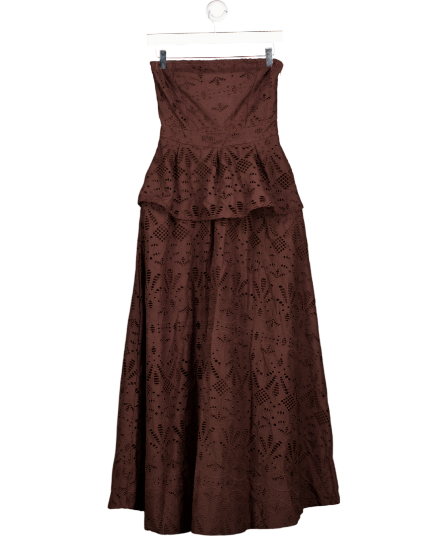 KAREN MILLEN Brown Cotton Broderie Peplum Bandeau Midi Dress UK 6