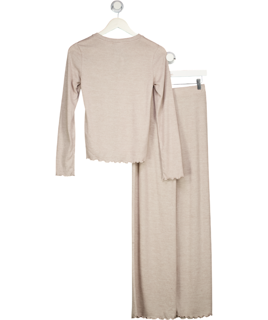 H&M Beige 2-piece Lettuce Edge Top & Wide Leg Trouser Lounge Set UK XS