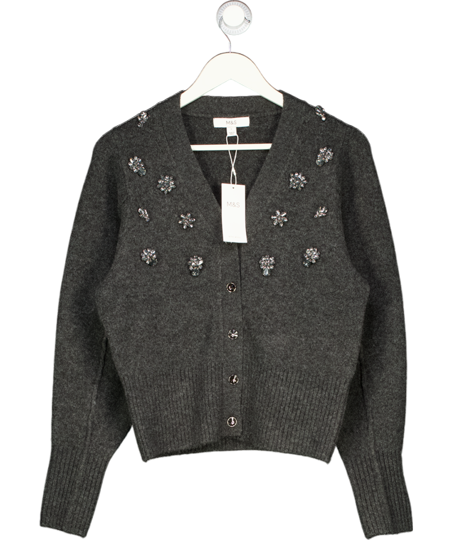M&S Charcoal Grey Embellished V-neck Cardigan With Wool UK S