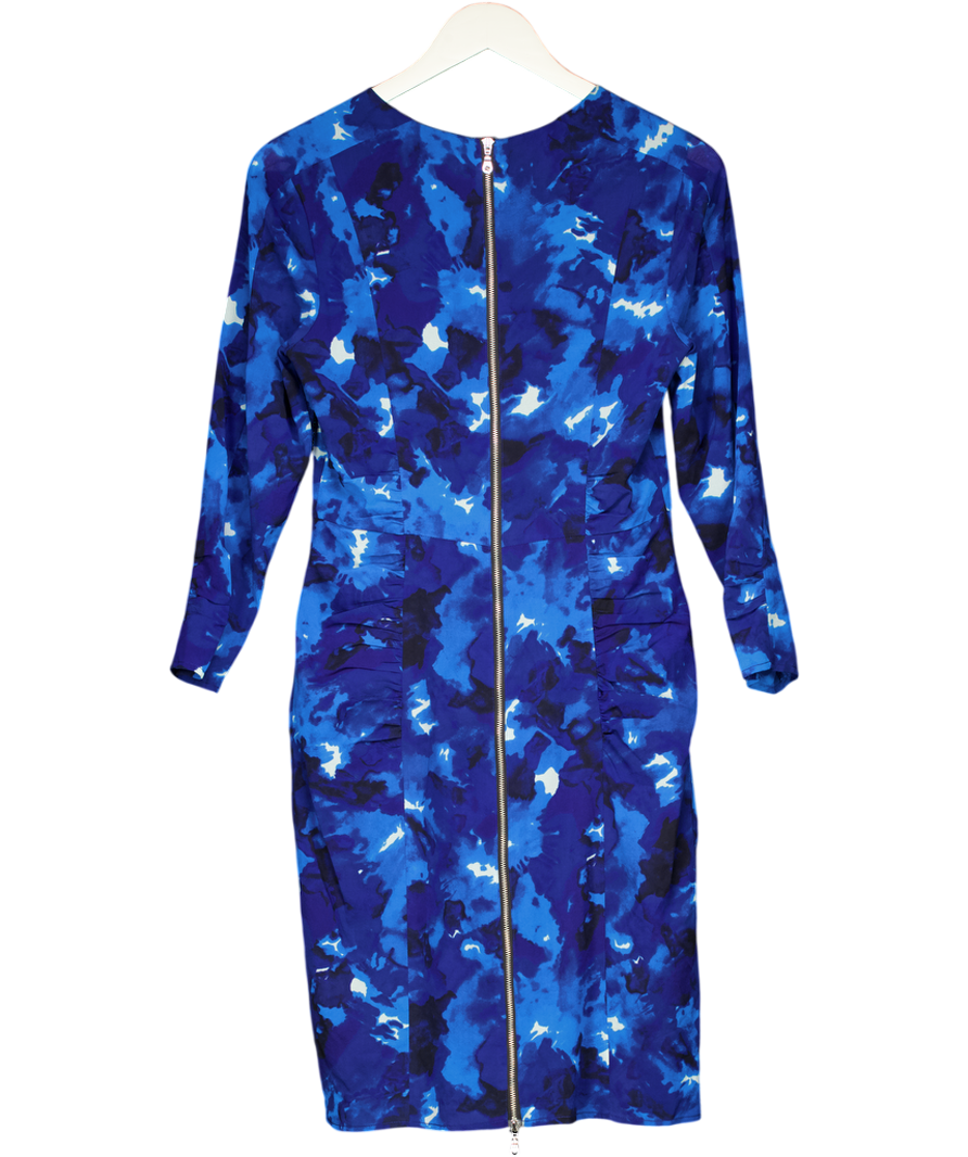Whistles Blue Watercolour Print Ruched Silk Midi Dress UK 10