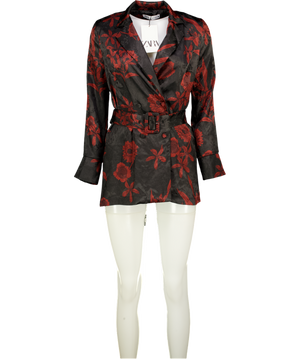 ZARA Black Floral Satin Jacquard Belted Blazer UK XS